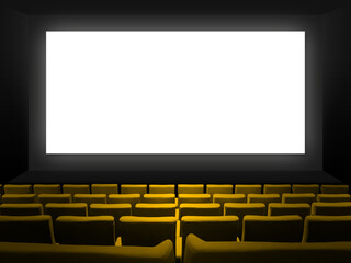 Cinema movie theatre with yellow seats and a blank white screen