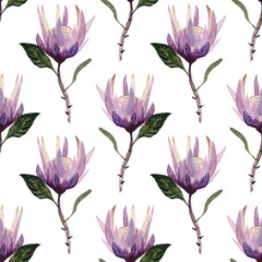 Hand drawn watercolor pattern with protea flowers. Designed for textile fabrics, wrapping paper, cover, background, prints.