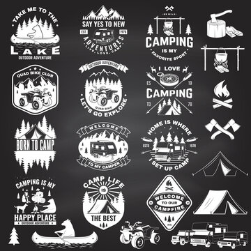 Set of summer camp badges with design element on the chalkboard. Vector. Concept for shirt or logo, print, stamp or tee.