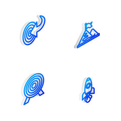 Set Isometric line Mountains with flag, Target, and Rocket ship icon. Vector