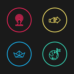 Set line Folded paper boat, Planet with flag, Hand pointing finger and Target arrow icon. Vector