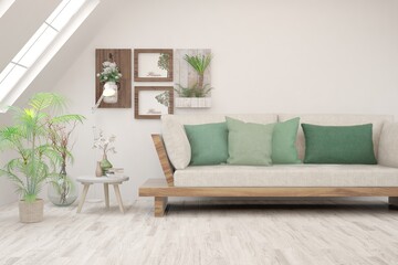 White stylish minimalist room with sofa. Scandinavian interior design. 3D illustration