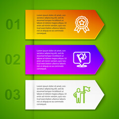 Set line Medal, Flag and Man holding flag. Business infographic template. Vector
