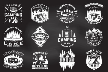 Set of summer camp badges on the chalkboard. Vector. Concept for shirt or logo, print, stamp or tee.