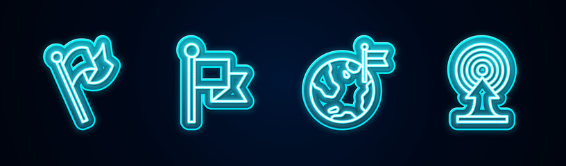 Set line Flag, , Planet with flag and Target arrow. Glowing neon icon. Vector