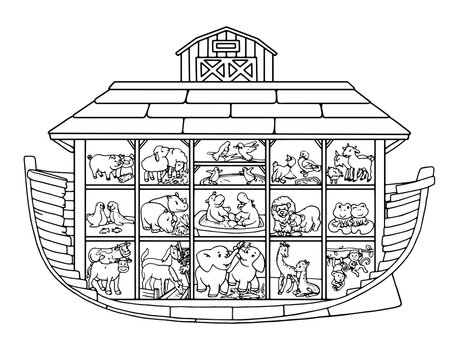 recommend clip art: Childish style illustration of Noah's ark full of animals aboard (Horse, cow, penguin, elephant, sheep, lion, dove, goat and others). The ark is in a section. Coloring Pages
