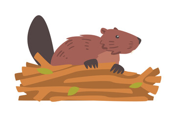 Beaver Gnawing Log, Brown Rodent Wild Mammal Animal Cartoon Vector Illustration