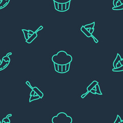 Set line Cupcake, Frying pan and Hot chili pepper pod on seamless pattern. Vector