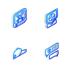 Set Isometric line Baseball base, Monitor with baseball game, cap and Speech bubble chat icon. Vector