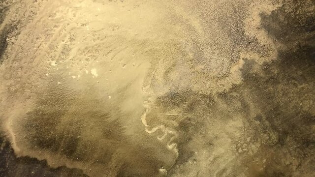 Abstract paint ink in motion. Streams of translucent gold and bronze shades, meandering metal lines smoothly flow into each other. Liquid color marble background, fluid art