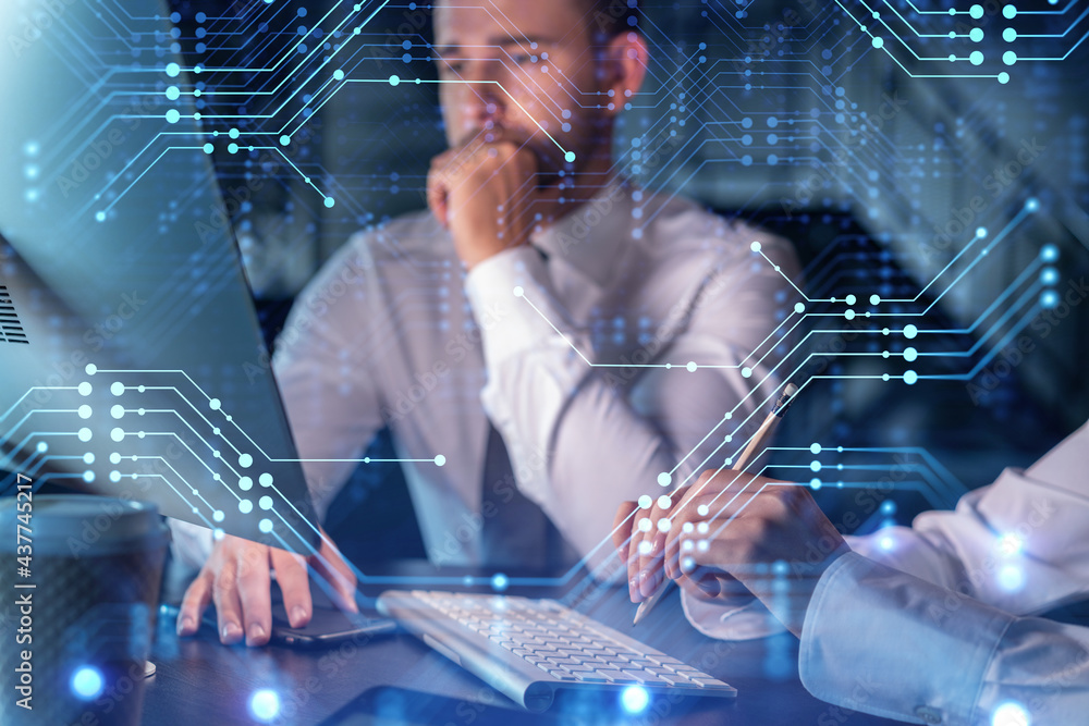 Poster two colleagues in formal wear working together to optimize business process by applying new technolo