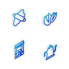 Set Isometric line Pistachio nuts, Rolling pin on dough, Pack full of seeds of plant and Watering can icon. Vector