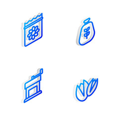 Set Isometric line Bag of flour, Pack full seeds plant, Manual coffee grinder and Pistachio nuts icon. Vector