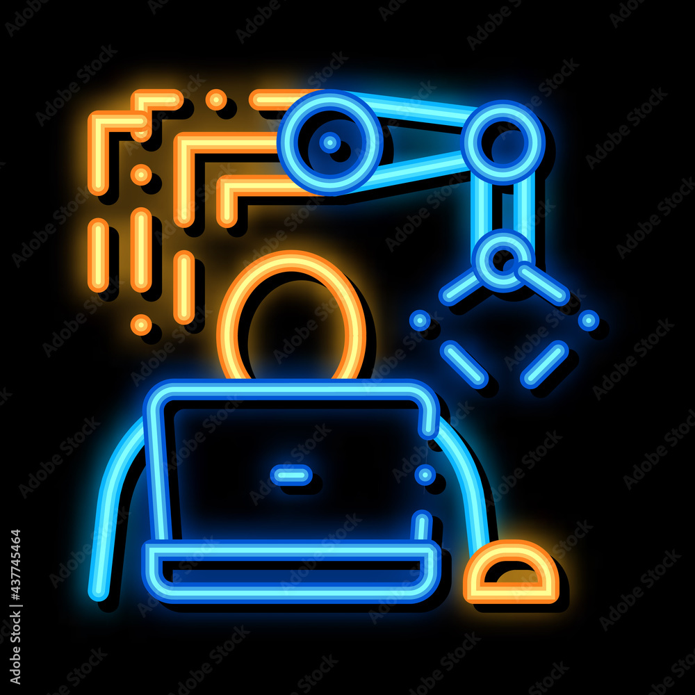 Poster programming robot neon light sign vector. glowing bright icon programming robot sign. transparent sy