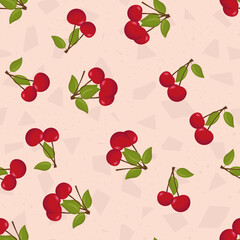 Cherry pattern. Seamless berry pattern. Red fruits, green leaf on an endless textile printer. Geometric shapeless abstract shapes and figures are randomly arranged in the background. Vector 