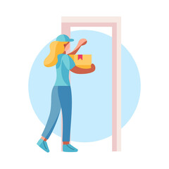 Isolated delivery girl with a package knocking a door Vector illustration