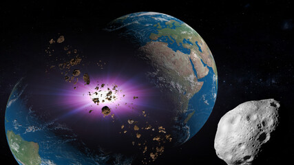 Asteroïdendag op 30 juni 2021. Meteorieten die de aarde raken. Explosie, ramp einde van de wereld. Wereldwijde uitsterving. 3d illustratie