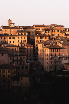 Historical buildings during the sunset in the medieval city of Siena, Tuscany, Italy