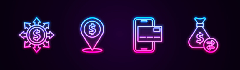 Set line Dollar, share, network, Cash location, Mobile banking and Money bag. Glowing neon icon. Vector