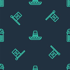 Set line Mexican sombrero, Mexico flag and Salt on seamless pattern. Vector