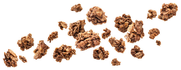 Chocolate granola, crunchy muesli isolated on white background