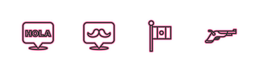 Set line Hola, Mexico flag, Mustache and Vintage pistols icon. Vector © vector_v