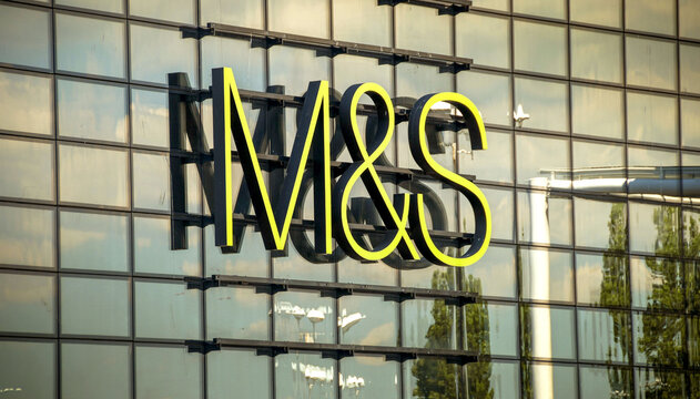 Cardiff, Wales - April 2018: Front of the branch of Marks and Spencer on an out-of-town retail park near Cardiff