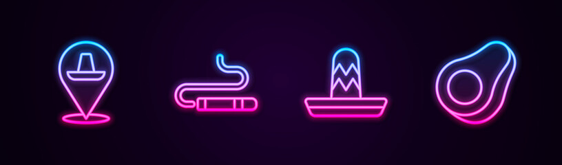 Set line Mexican sombrero, Cigar, and Avocado fruit. Glowing neon icon. Vector