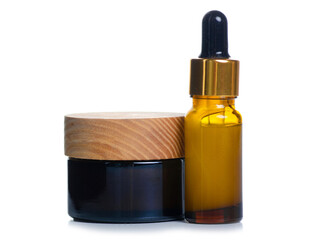 Bottle cream with wooden lid beauty and bottle hyaluronic acid on white background isolation