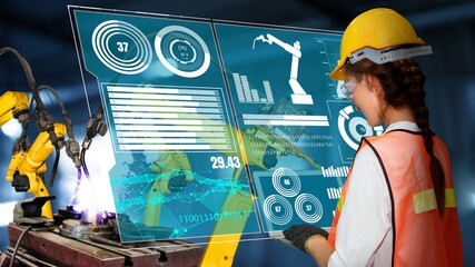 Smart industry robot arms modernization for innovative factory technology . Concept of automation...
