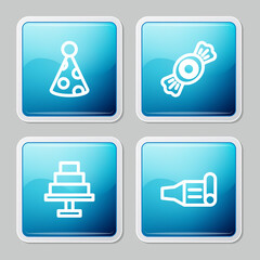 Set line Party hat, Candy, Cake and Birthday party horn icon. Vector