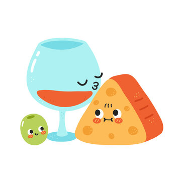 Cute funny wine glass kiss cheese. Vector hand drawn cartoon kawaii character illustration icon. Isolated on white background. Red wine, cheese and olive cartoon character concept