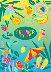  Summer greeting card. A set of fruits with tropical palm leaves and beach umbrellas, slippers and an inflatable circle. Vector illustration, web banner.