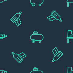 Set line Air compressor, Electric cordless screwdriver and jigsaw on seamless pattern. Vector