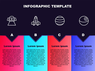 Set line UFO flying spaceship, Rocket, Planet and . Business infographic template. Vector