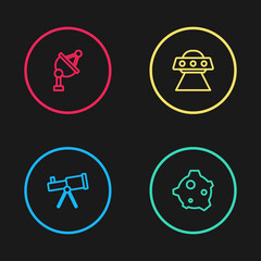 Set line Telescope, Asteroid, UFO flying spaceship and Satellite dish icon. Vector