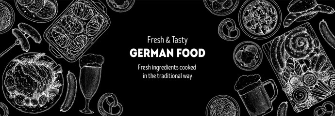 German food menu sketches. Design template. Hand drawn vector illustration. German cuisine. Black and white. Engraved style. Hand drawn food sketch illustration.