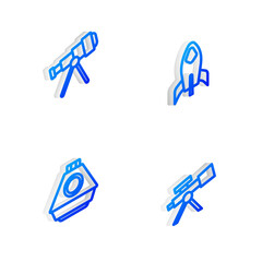 Set Isometric line Rocket ship, Telescope, Space capsule and icon. Vector