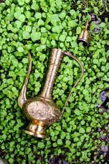 close-up of an antique golden magic lamp