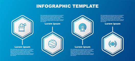 Set line Astronomical observatory, Planet, Radar and Cosmic ship. Business infographic template. Vector