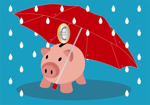 Seguro del ahorro. Ahorros protegidos. Hucha cerdo con una moneda de euro y un paraguas rojo sobre fondo azul con gotas blancas de lluvia.
