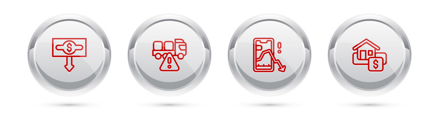 Set line Dollar rate decrease, Stop delivery cargo truck, Mobile stock trading and Hanging sign with Sale. Silver circle button. Vector