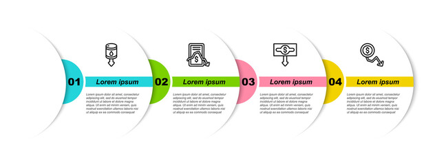 Set line Drop in crude oil price, Mobile stock trading, Dollar rate decrease and . Business infographic template. Vector