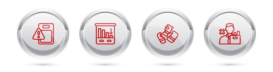 Set line Global economic crisis, Pie chart infographic, Credit card and Employee dismissal. Silver circle button. Vector