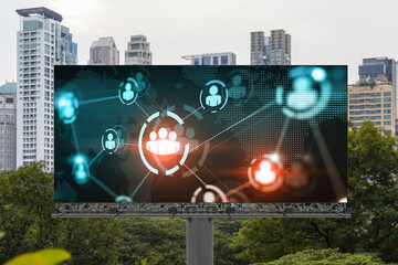World planet Earth map hologram and social media icons on billboard over panorama city view of Bangkok, Southeast Asia. The concept of people networking and connections.