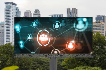 World planet Earth map hologram and social media icons on billboard over panorama city view of...