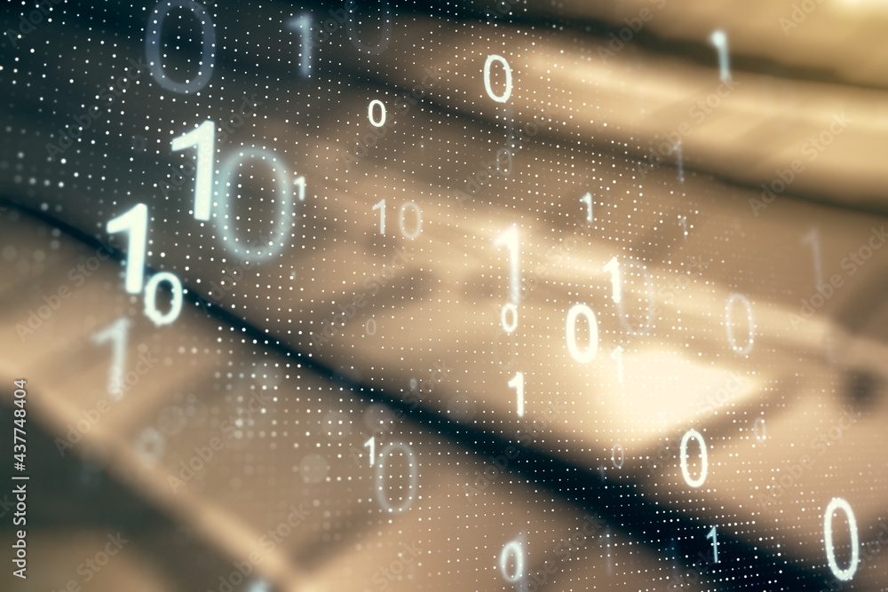 Poster abstract virtual binary code sketch on shiny metal background, hacking and matrix concept. multiexpo