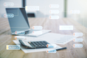 Abstract virtual coding concept on calculator and laptop background. Multiexposure