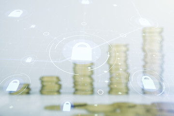 Virtual creative lock illustration with microcircuit on coins background, cyber security concept. Multiexposure