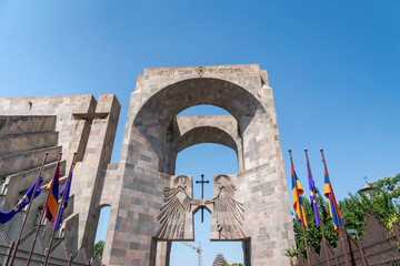 Vagharshapal, Armenia - July 2019: Etchmiadzin monastery complex entrance in Vagharshapat city,...
